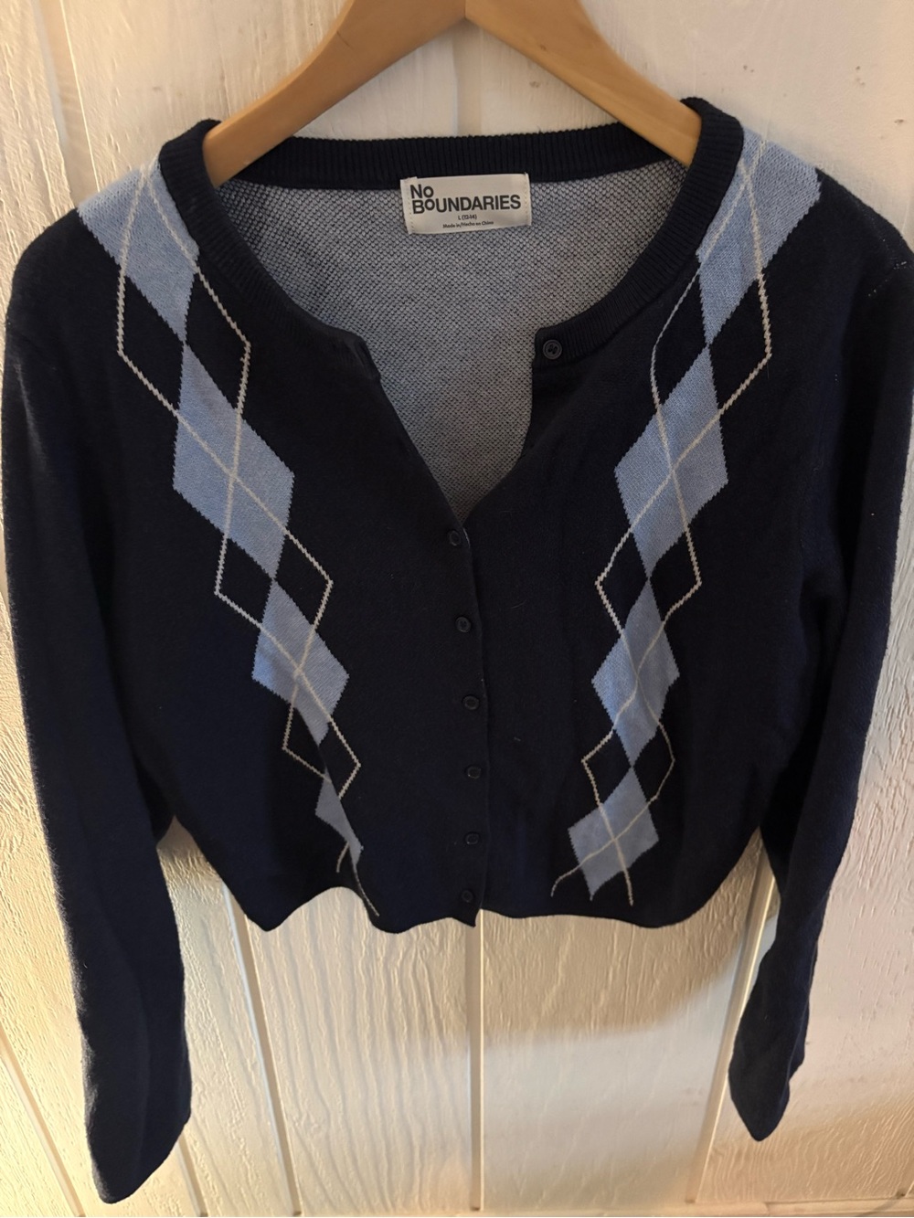 No Boundaries Navy and Light Blue Argyle Button-Front Cardigan